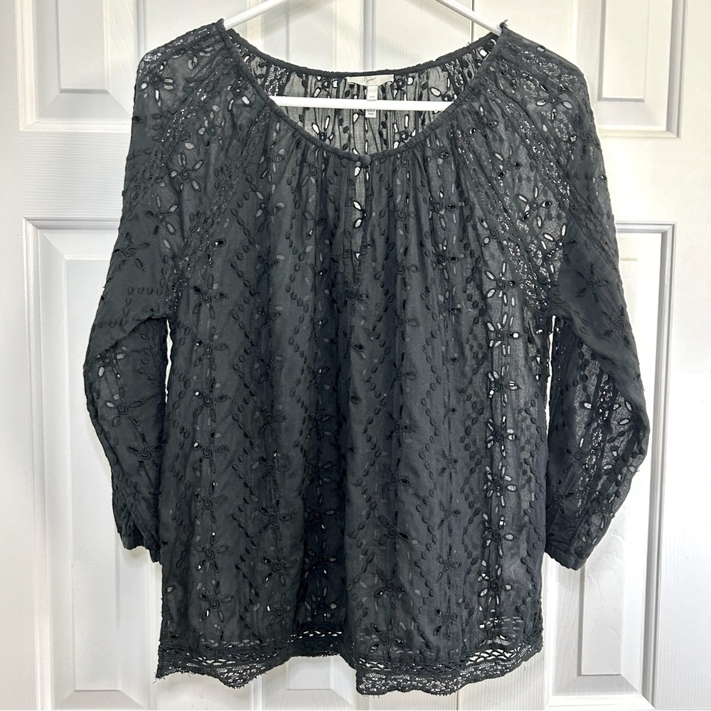 Joie Dye Cut Floral Black Keyhole Neckline 100% Cotton Long Sleeve Top Size XS